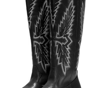 Women's Knee High Cowboy Boots Faux Leather Rubber Sole Pointed Toe Chunky Heel